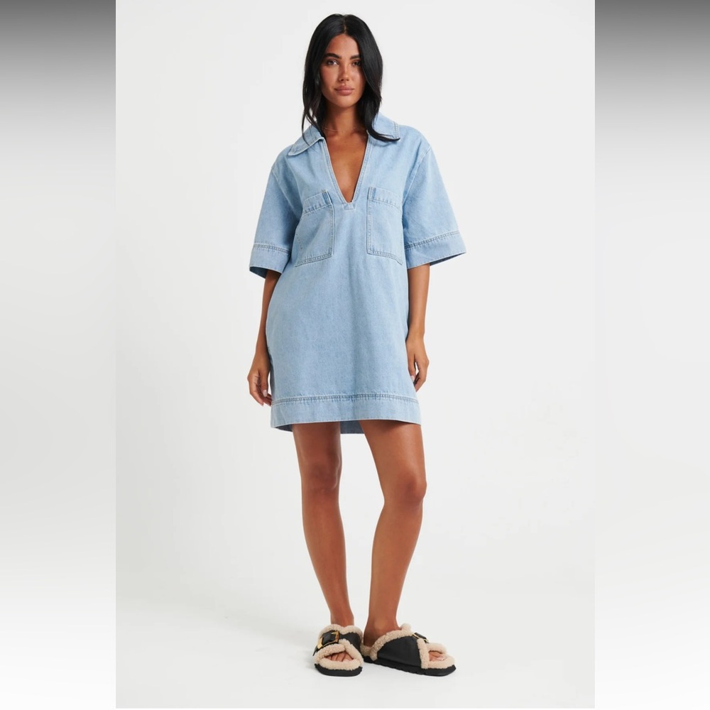 By Frankie Rhythm Mini Denim Dress is color Sky Blue